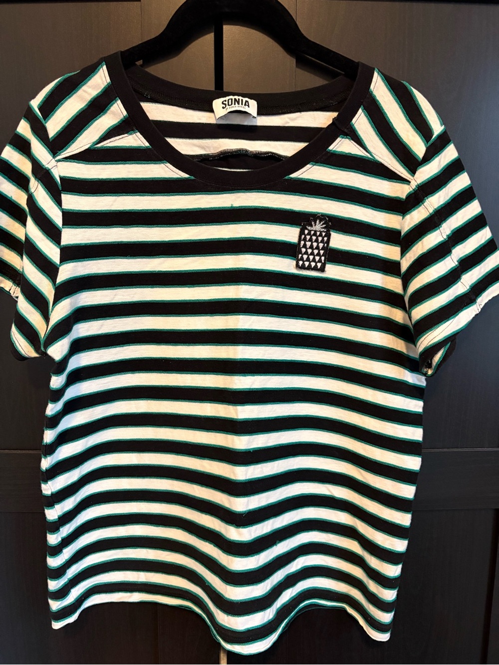 Sonia by Sonia Rykiel stripe Tshirt with pineapple patch detail, size L